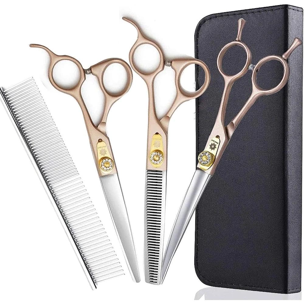 Dream Reach 7" Hundeschere Set (Gerade, Gebogen, Ausdünnen) 440C Edelstahl | Profi 3-in-1 Set: Gerade, Gebogene & Ausdünnungsschere (15-25% Ausdünnung), mit Tuch und Tasche, für Hunde & Katzen