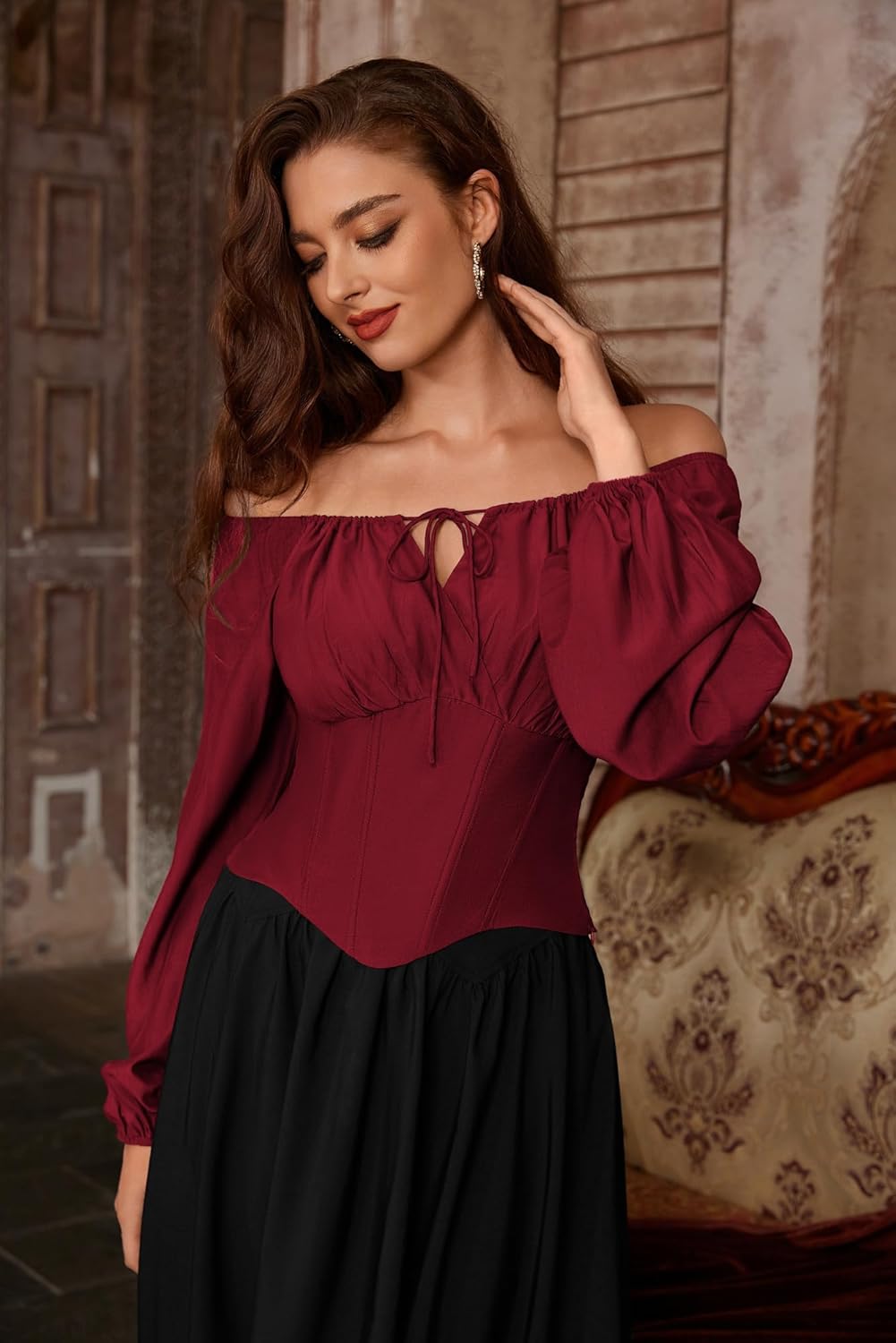 SCARLET DARKNESS Corset Tops for Women Elastic Neckline Renaissance Shirt Peasant Blouse - Image 6