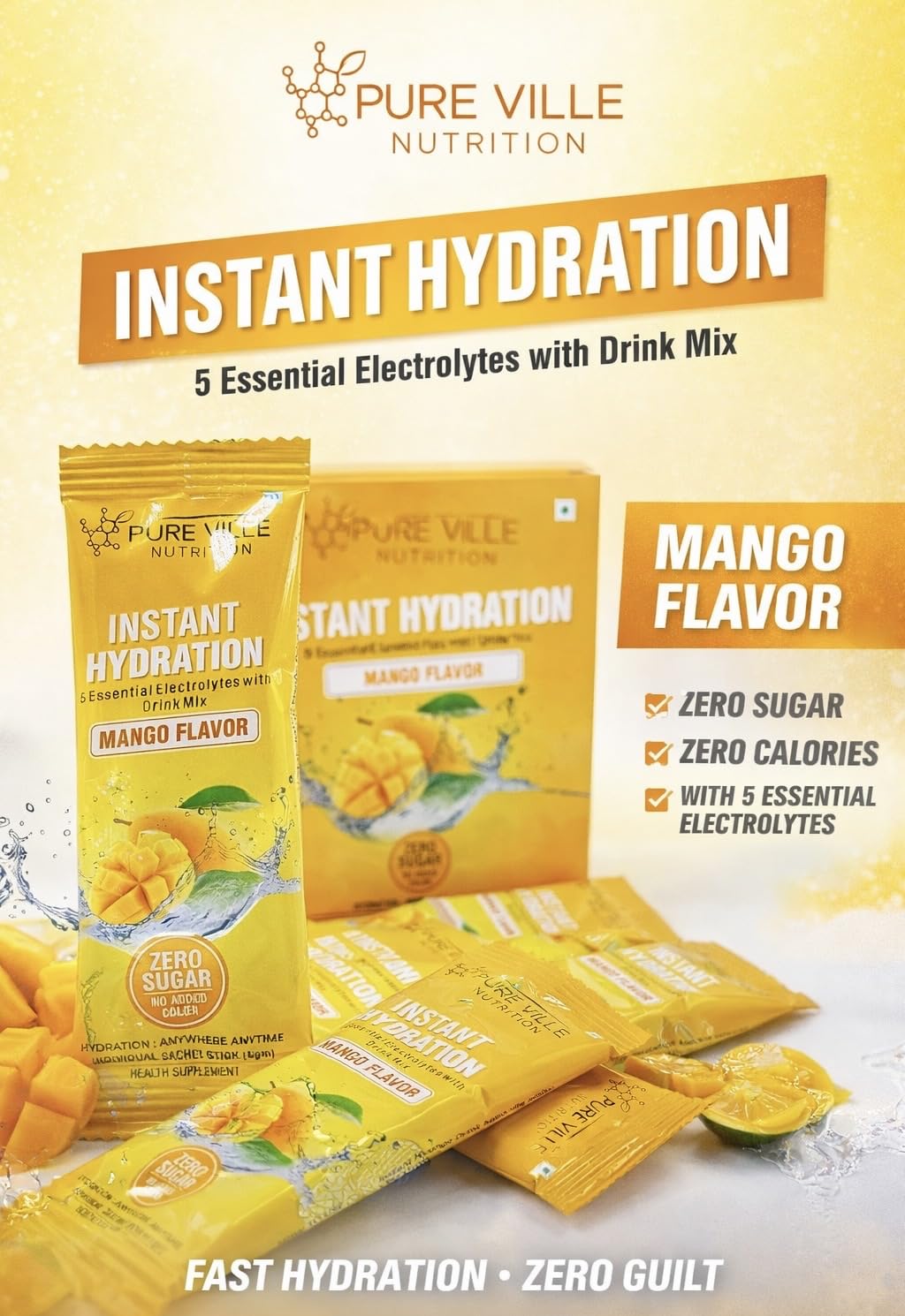Pure Ville Nutrition Instant Hydration Electrolyte Drink Mix, Mango Flavor, Zero Sugar, 30 Sachet Sticks-picture-12