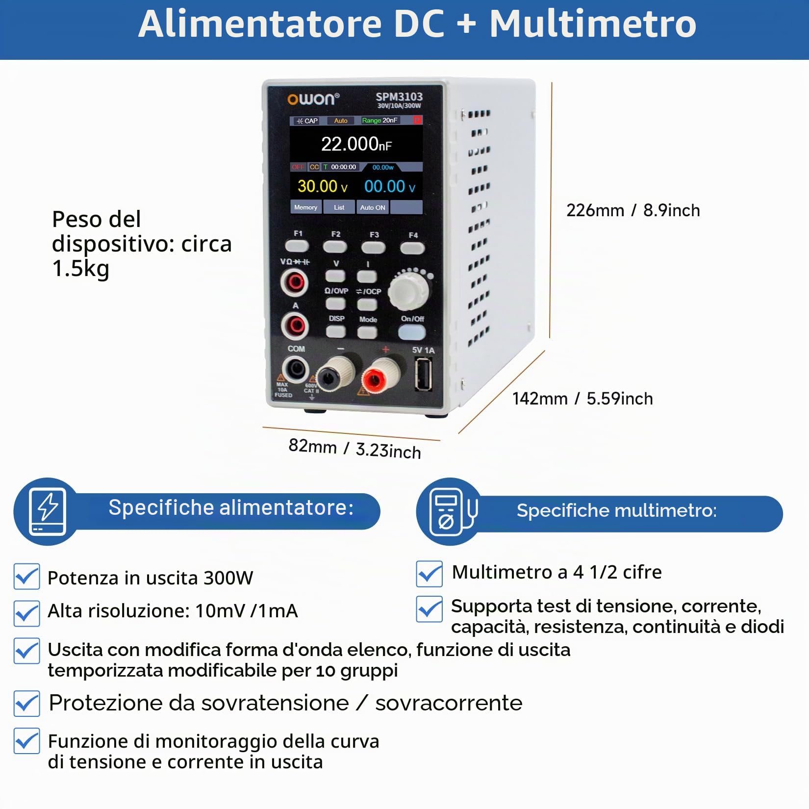 OWON SPM3103 Alimentatore da Laboratorio +Multimetro 2 in 1 (0-30V, 0-10A), Alimentatore CC Variabile, Fuente de Alimentación de Laboratorio con LED da 2,8 Pollici ad Alta Precisione, Interfaccia USB