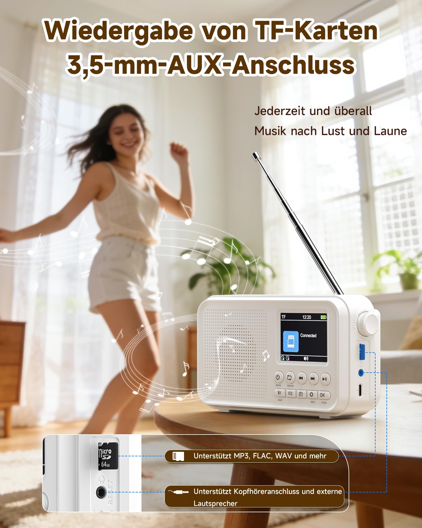 Roxicosly Radio portatile DAB/DAB+, 80 preimpostazioni, radio digitale FM con batteria da 3000 mAh, radio da cucina con Bluetooth 5.0, modalità EQ, timer, snooze, porta AUX TF/3,5 mm, doppio allarme