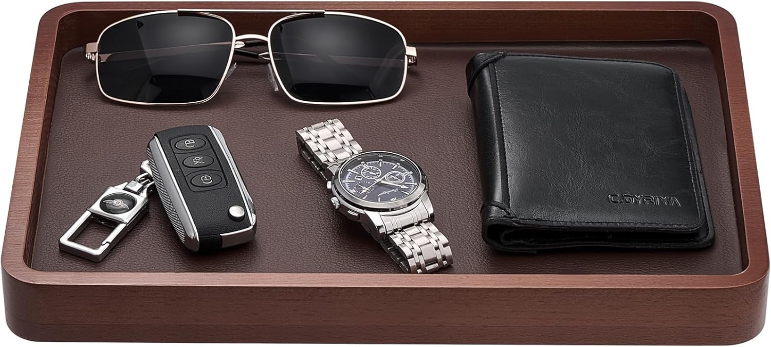ProCase Wooden Valet Tray for Men - Dark Brown Catch-All EDC Organizer, Nightstand Entryway Holder for Keys, Wallet, Phone, Watch