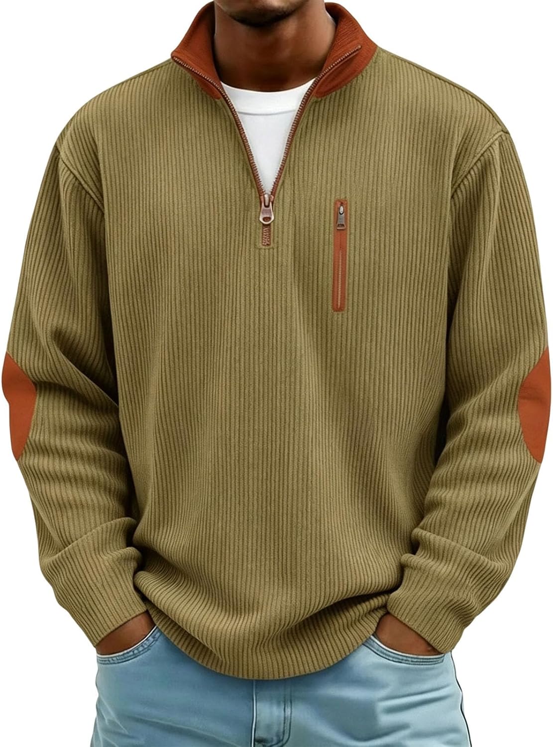 Mens Corduroy Half Zip Sweatshirt Long Sleeve Color Block Stand Collar Shirts Soft Fall Winter Fashion Causal Tops