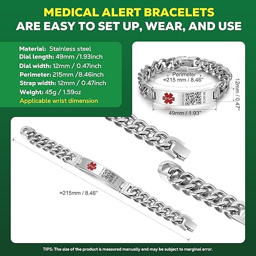 Vista 20 de Pulseras médicas mejoradas para hombres y mujeres con código QR, pulseras de identificación de alerta médica, pulsera de acero de titanio que se