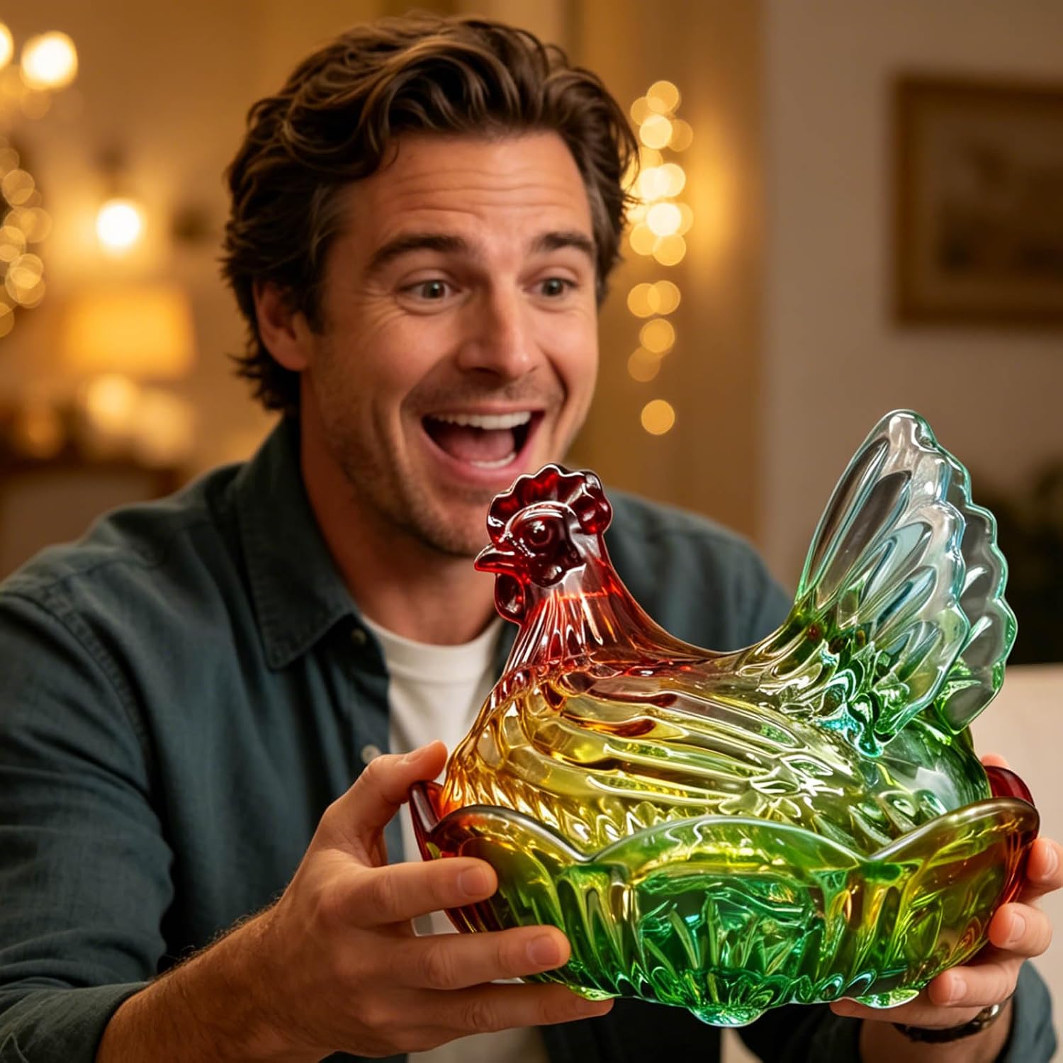Glass Hen on Nest Candy Dish - 7 Inch Decorative Glass Figurine Retro Kitchen Decor, Serving Tray for Candy/Jewelry, Rustic Farmhouse Home Accent