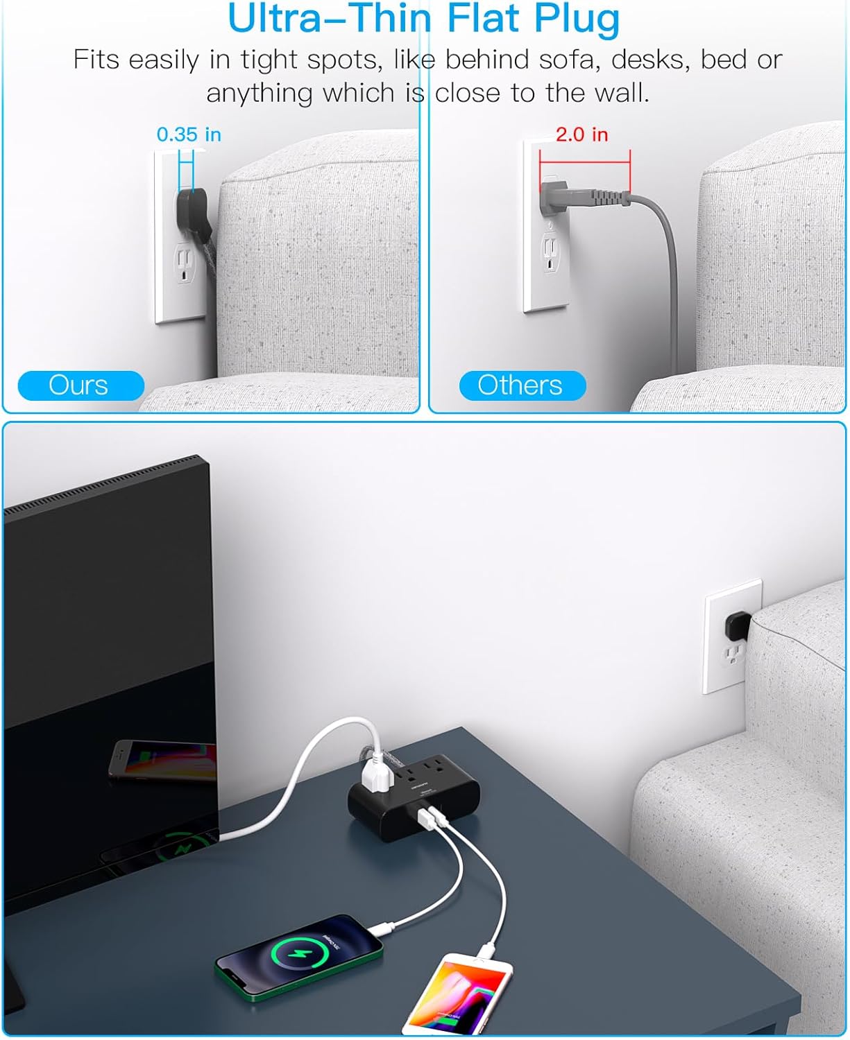 Black Flat Plug Power Strip, HANYCONY 6 Ft Ultra Thin Flat Extension Cord, 3 Outlets 3 USB Ports(2 USB C) Multi Plug Outlet Extender with No Surge Protector for Cruise Ship Travel Dorm Room Essentials