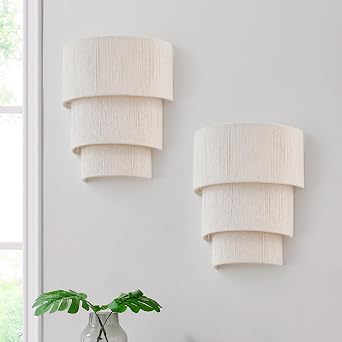 9 Set of Two Large Boho Wall Sconces Hand Woven Rattan 3-Round Elegant Wall Light for Bedside Vanity Bedroom Hallway, UL Listed