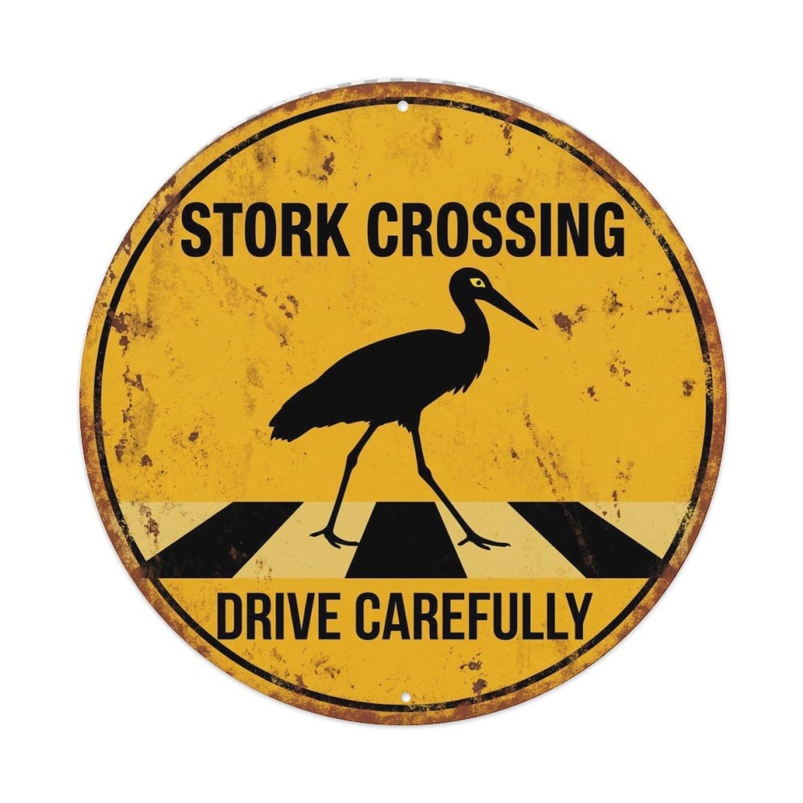 Metal Tin Sign Stork Crossing Drive Carefully Patina