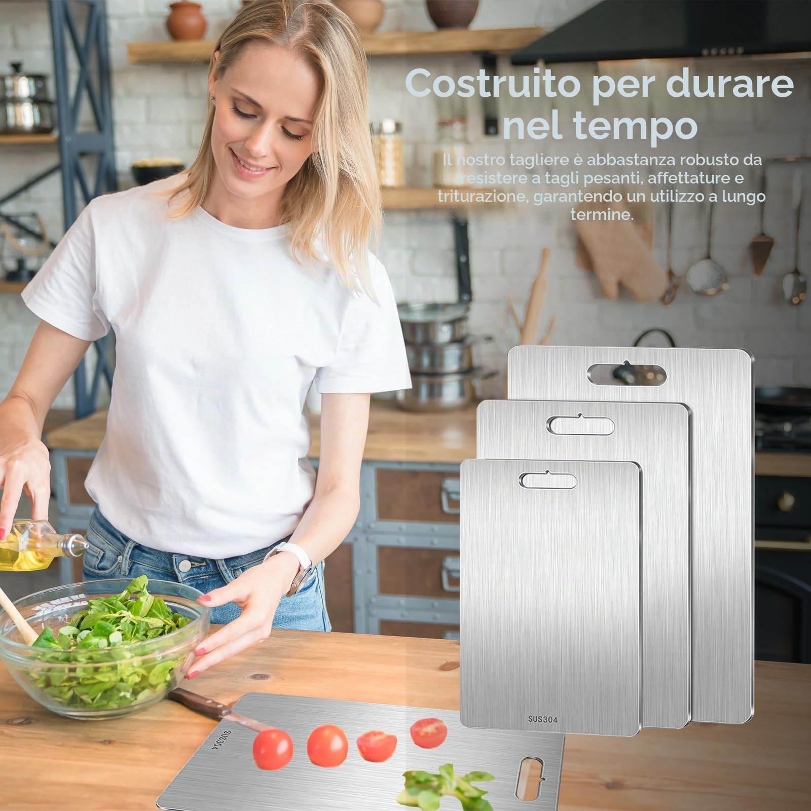 Tagliere Acciaio Inox Alimentare 304,Taglieri a Doppia Faccia Antibatterici | Set 3 Pezzi Tagliere Cucina Lavabile in Lavastoviglie,per Carne, Frutta, Verdura, Impasto (39x28+29x20+25x15cm)