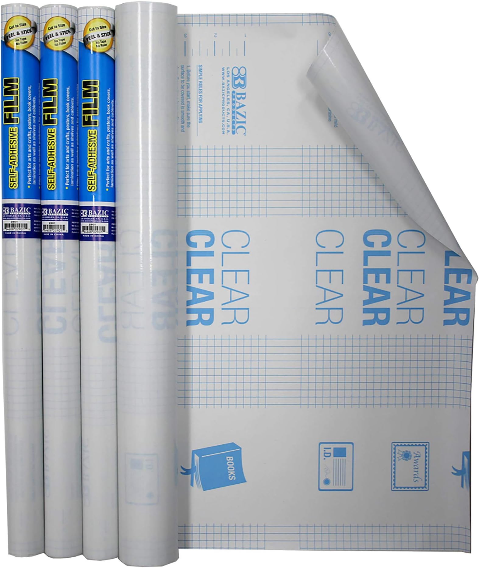 BAZIC Products Book Cover Clear Self Adhesive Bookcover 17.5" X 1.7 Yard (60"), Laminate Roll Cover Books Documents, Film Easy Peel, 4-Roll