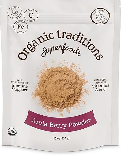 Organic Traditions Polvo de Baya de Amla Orgánico, Amla en Polvo Grosella Espino India, Superalimento Orgánico en Polvo sin Transgénicos, Bolsa de 1