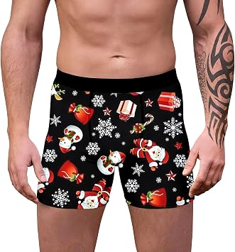 Funny Underwear for Men, Boxers for Men Loose Fit, Underwear Loose Festive Costumes Plus Size Design Trunks Christmas Special Boyshort Style Soft Boxers Reindeer Snowflake Santa Claus Printed Retro
