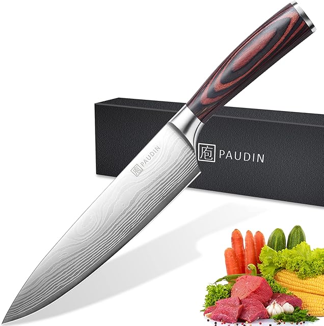 PAUDIN Chef Knife, Kitchen Knife 8 inch Professional, Ultra Sharp Chefs Knife with Long Lasting Blade, High Carbon Stainless Steel Chopping Knife, Carving Knife with Pakkawood Handle for Kitchen