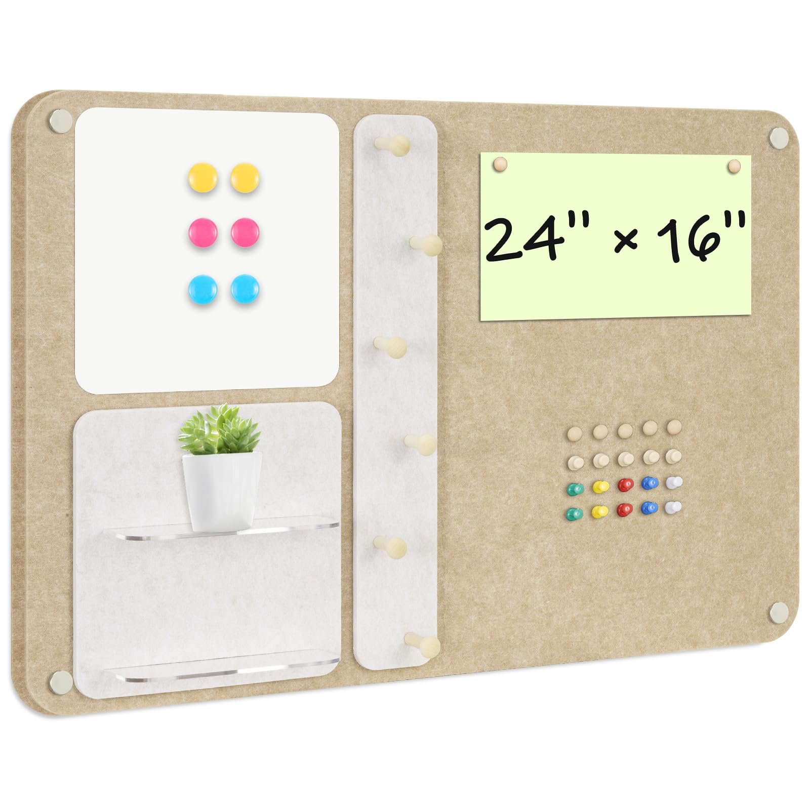 DOLLAR BOSS 3-in-1 Foldable Bulletin Board 16"x24" Horizontal- Magnetic Whiteboard with Cork & Acrylic Shelves, Sound-Absorbing Felt for Home/Office/Dorm Includes Pins/Magnets (Latte)
