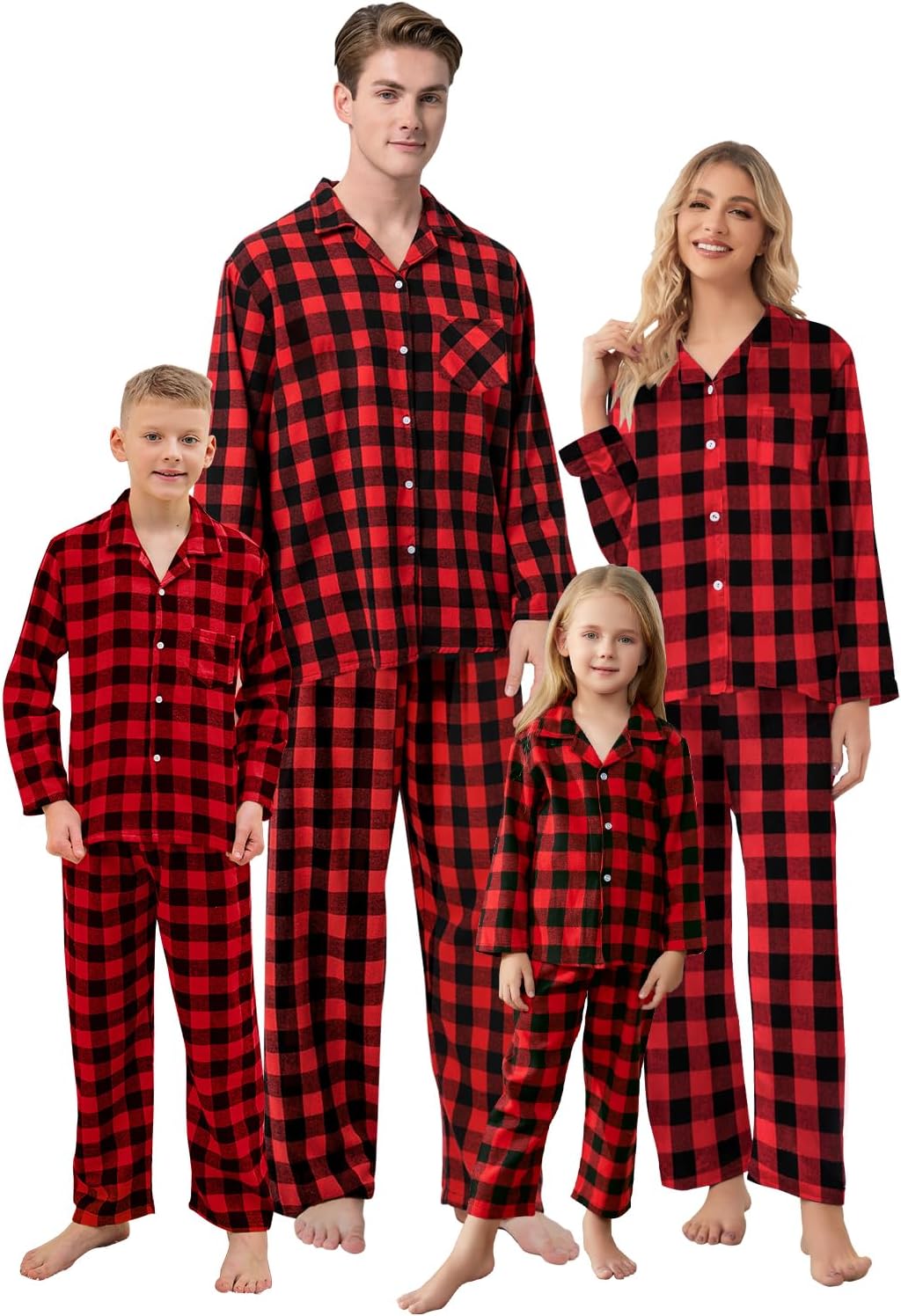 QZH.DUAO Family Plaid Pajamas For Womens, Ladies Adult 2-Piece Button Down Flannel Christmas Pjs Sleepwear, Black Red, US L
