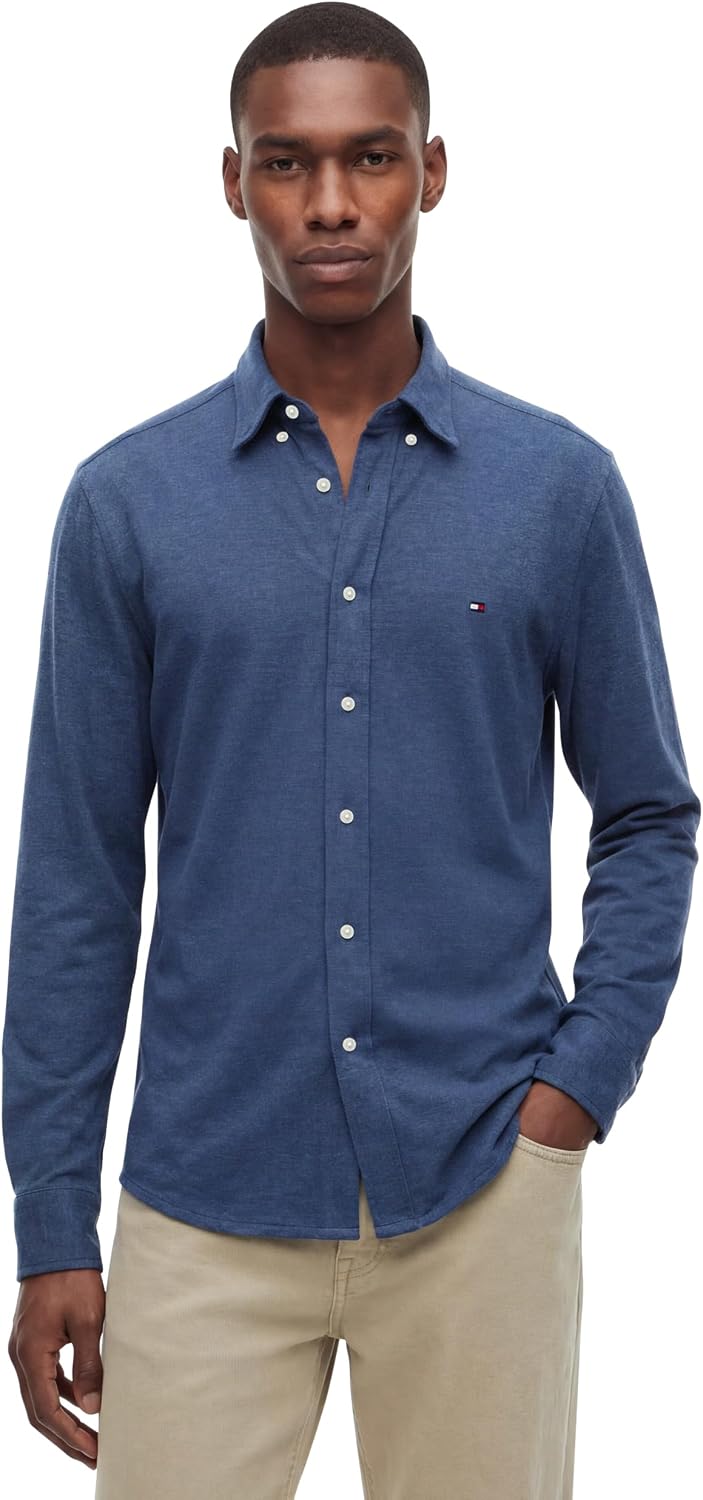 Tommy Hilfiger Men's Long Sleeve Casual Cotton Knit Pique Button Down Shirts in Slim Fit