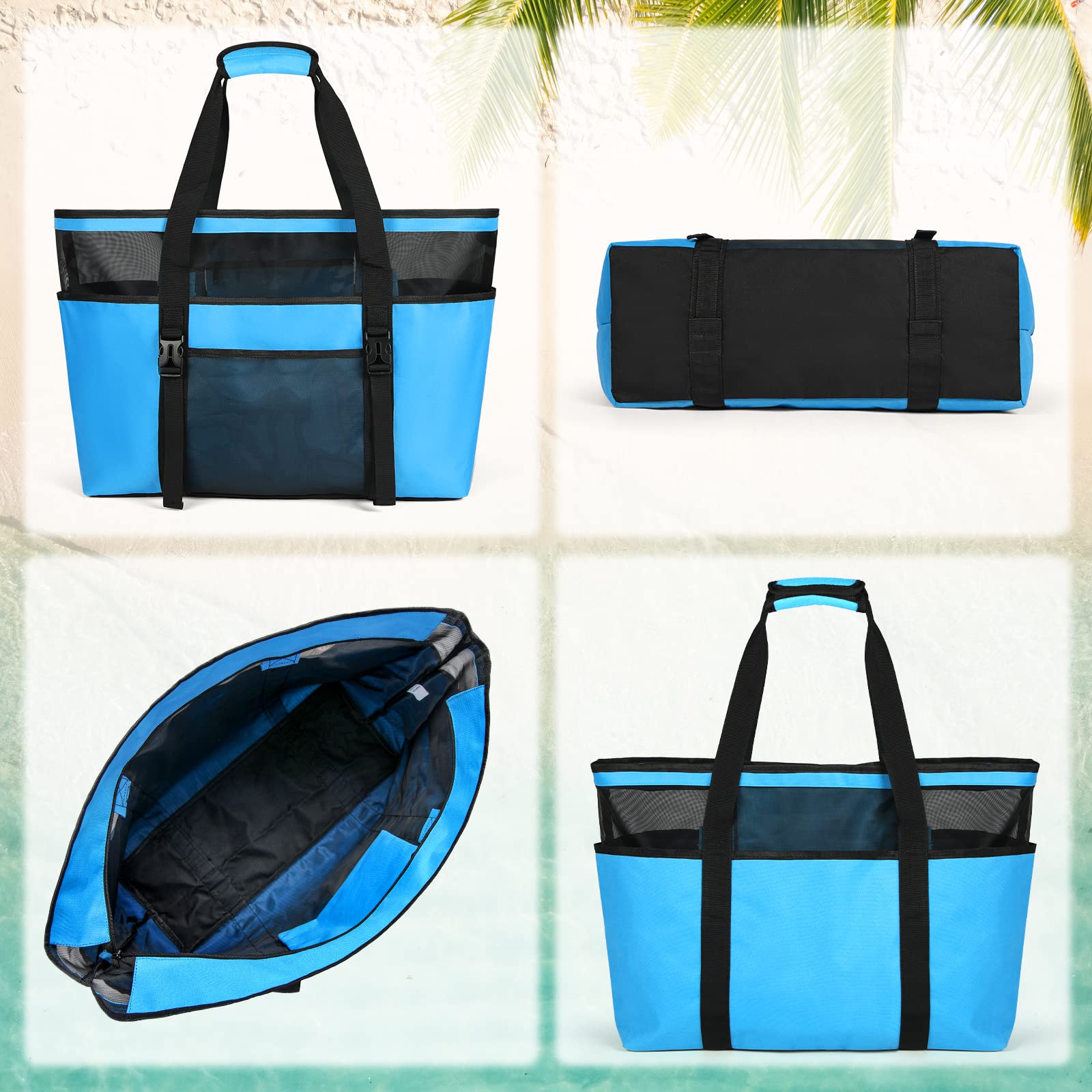 RAINSMORE Grand Sac de Plage Femme XXL en Maille avec Fermeture Éclair Tout de Plage Pliable Anti-Sable Imperméable Sac Cabas Plusieurs Poches de Rangement pour Plage Voyages Gym Piscine Bleu