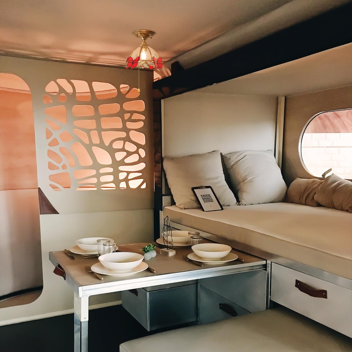 RV Butterflies Light with Zipper Switch 12V RV Decorative Ceiling Hallway Light Fixtures, E26 E27 Deepred Dome Shape Stained Glass Semi Flush Mount Interior Lighting for RV Camper