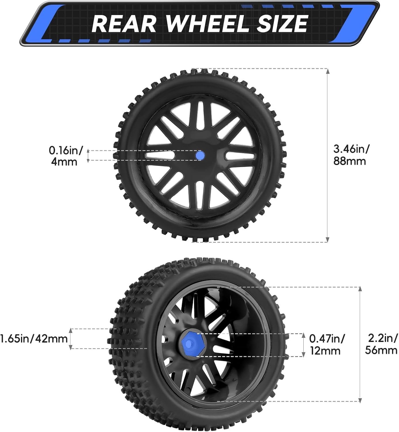 Preglued 12mm Hex Wheel Rims Rubber Tires with Foam Inserts OD 86mm/3.38" for Traxxas Bandit WLtoys 144001 Redcat 1/10 RC Off-Road Buggy Car, Set of 4 (Color A)