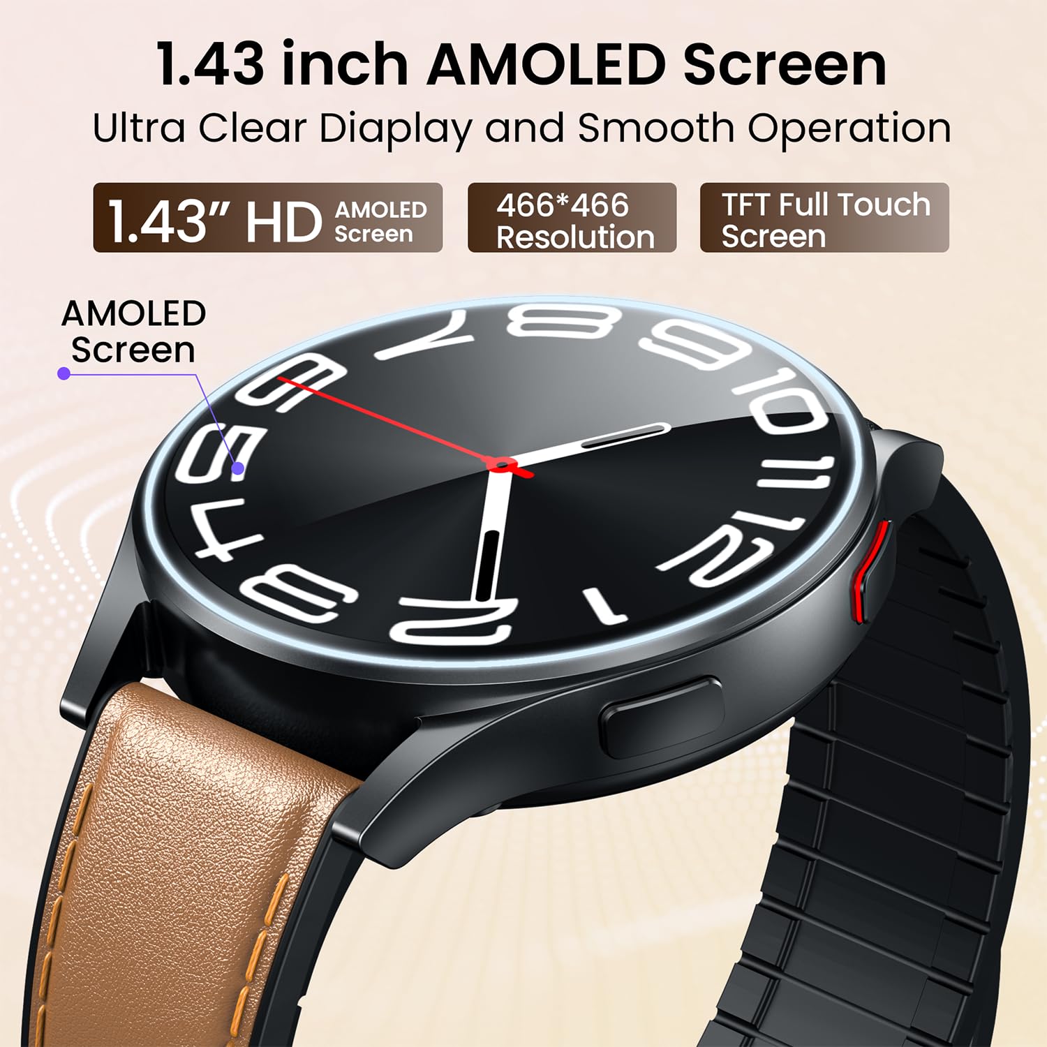 Orologio Smartwatch Uomo Cardiofrequenzimetro ECG: Orologi Intelligente 1.43“ AMOLED con HRV Pressione Sanguigna Sonno SpO2 Acido Urico Monitoraggio Sport Smart Watch Compatibile iOS e Android （Pelle）