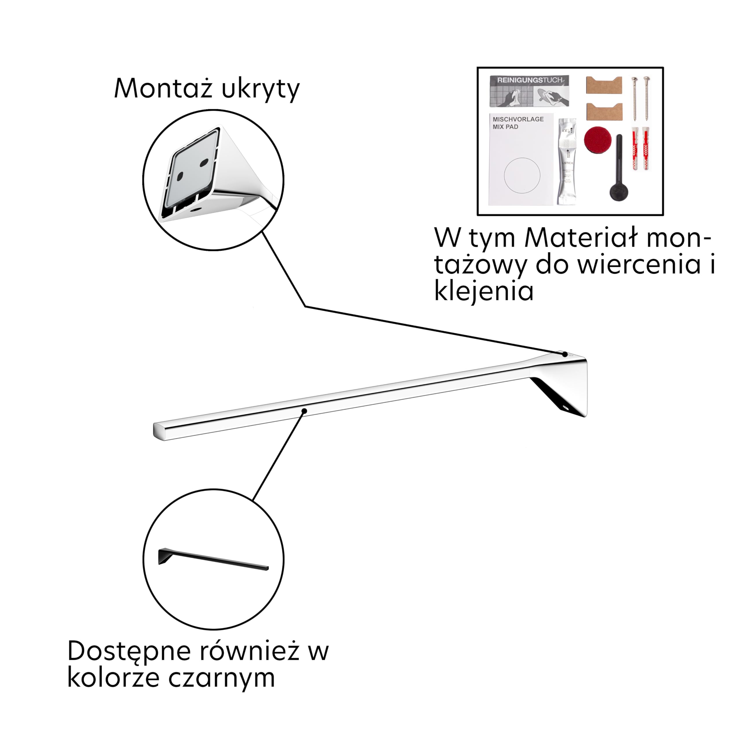 Keuco Rose Wieszak na ręcznik, jednoramienny, 45 cm, bez wiercenia, chrom | sztywny, Wyprodukowano w Niemczech, z zestawem do klejenia i wkręcania, uchwytem na ręcznik do klejenia lub wkręcania