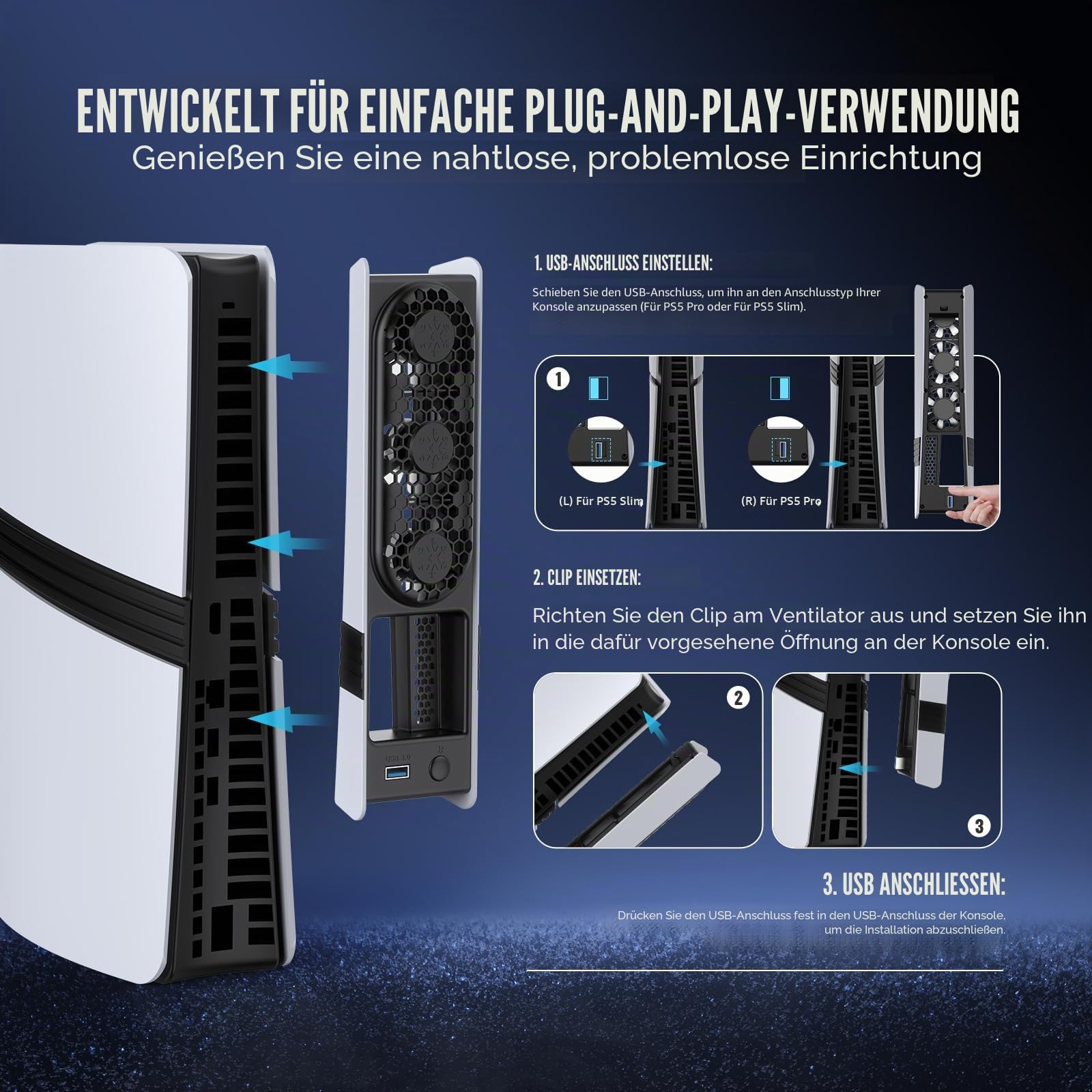 Lüfter für PS5 Pro/schlanke Konsole – Hochgeschwindigkeitskühlung mit automatischer Temperaturregelung, geräuscharm, RGB-Beleuchtung und USB-3.0-Anschluss für Gamer und