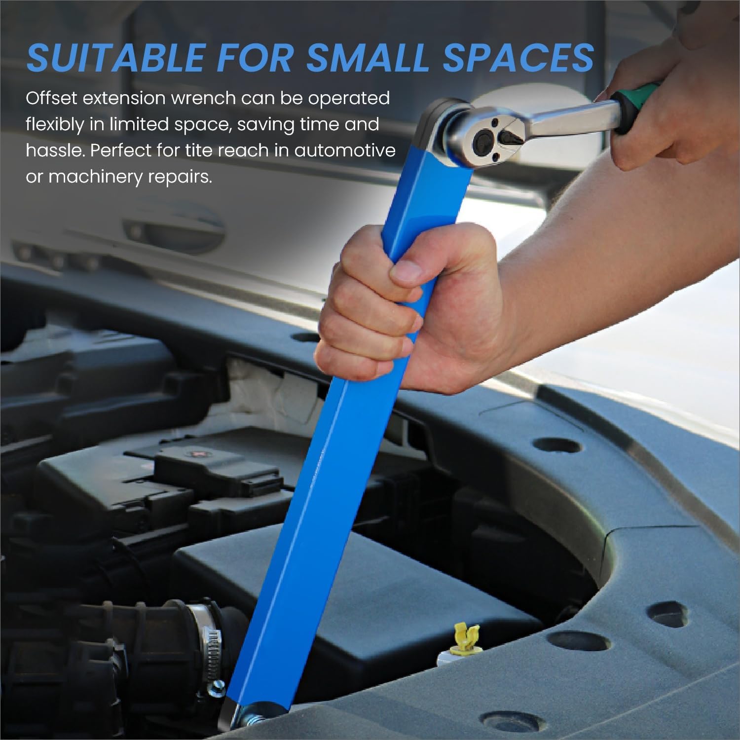 Offset Extension Wrench, Zero Degree Ratchet Extension Set Impact Ready Socket Wrench Extender Tool with 1/2", 1/4", 3/8" Drive Adapters and 1/4" Socket for Tight Place (Blue)