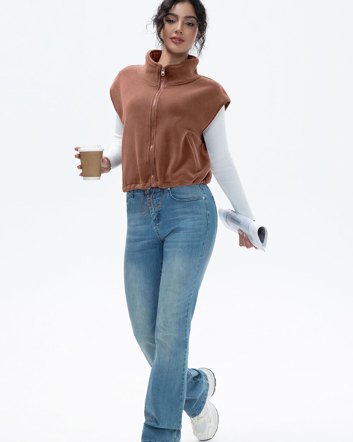 Women's Full Zip Fleece Short Vest Warm Winter Sleeveless Stand Collar Sherpa Crop Coat - Image 6