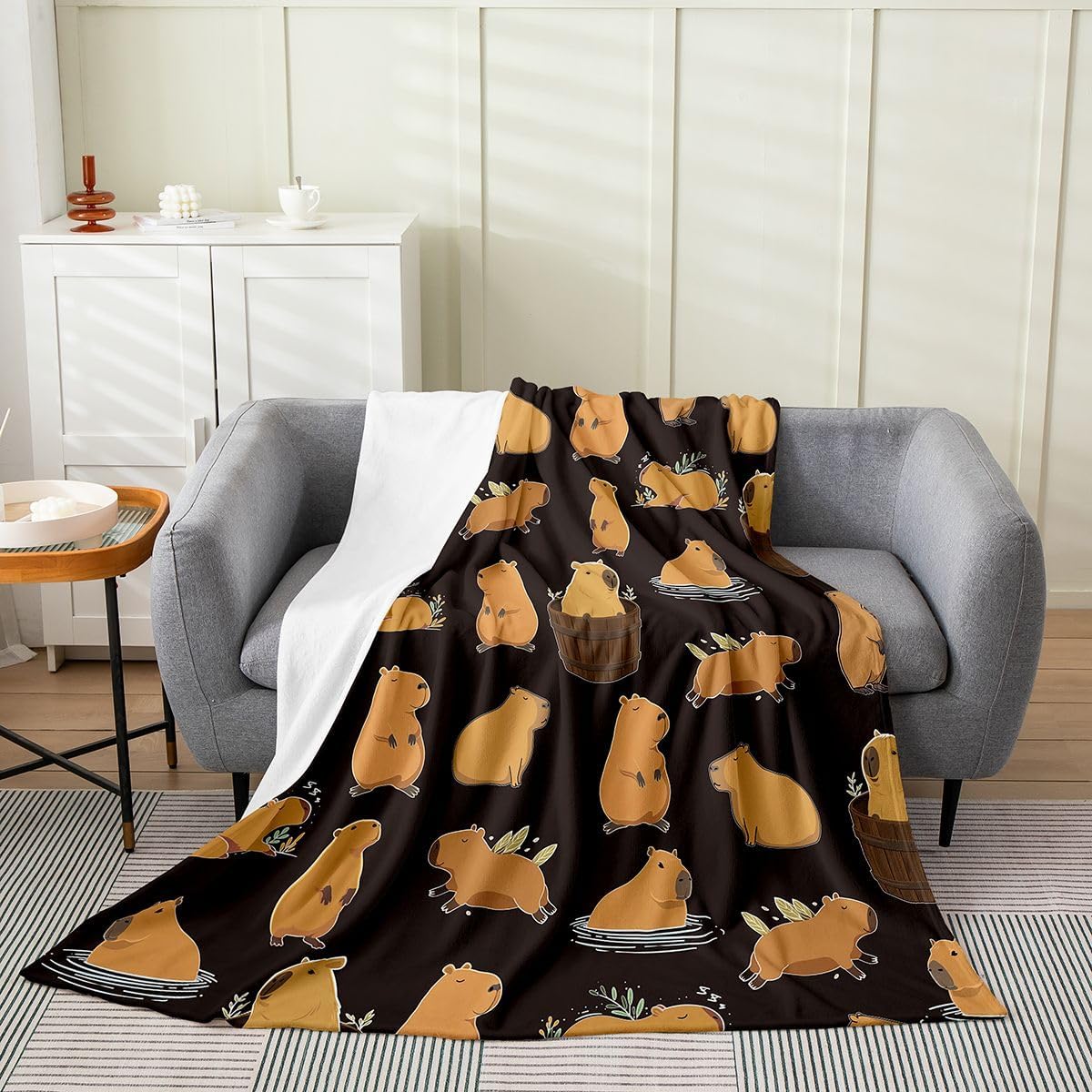 jejeloiu Capybara Flannel Fleece Throw Blanket for Sofa Couch Girls Boys Kids Queen 90"x90" Animals Lovers All Season Bed Blanket Room Decorations Cutes Capybara Kawaii Black