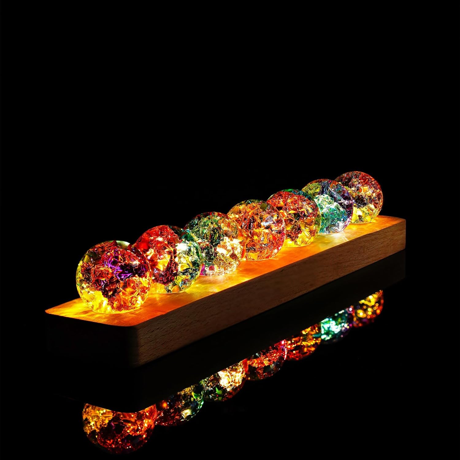 7pcs Colorful Crystal Balls for Deskecorations Ice Cracks Spheres with LED Wooden Stand Night Light Decoration Balls Set