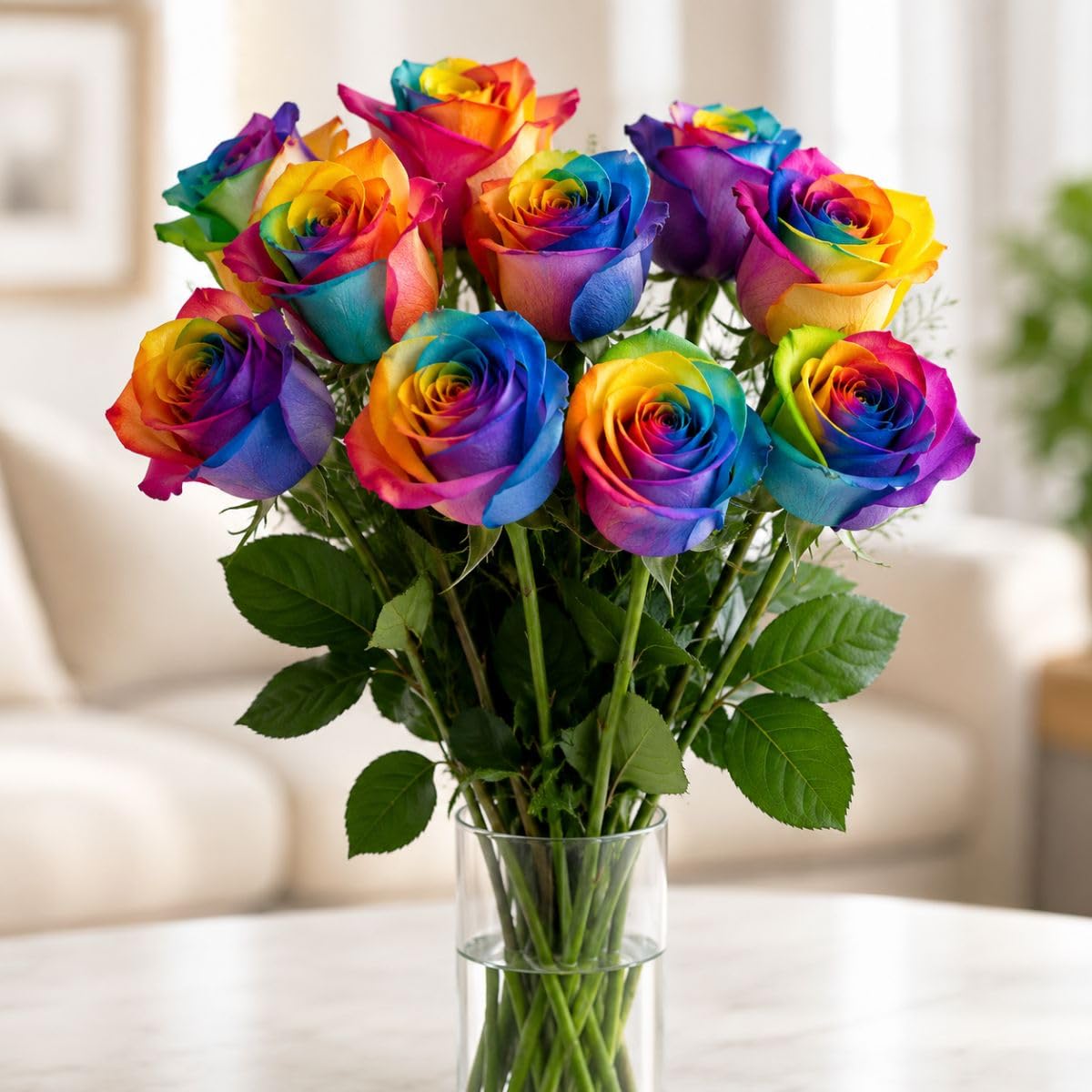 Bunte Blumen: 10 echte Regenbogen Rosen - Langstielig - Vasenfertig