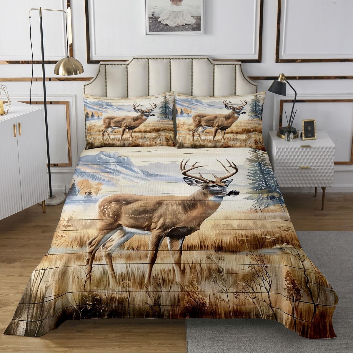 jejeloiu Rustic Forest Deer Bear Bedspread 2 Pieces Twin Size Cabin Farmhouse Country Lodge Coverlet Set Soft Cozy Deer Bear Hunting Lightweight Quilted Coverlet for All Season with 1 Pillowcase
