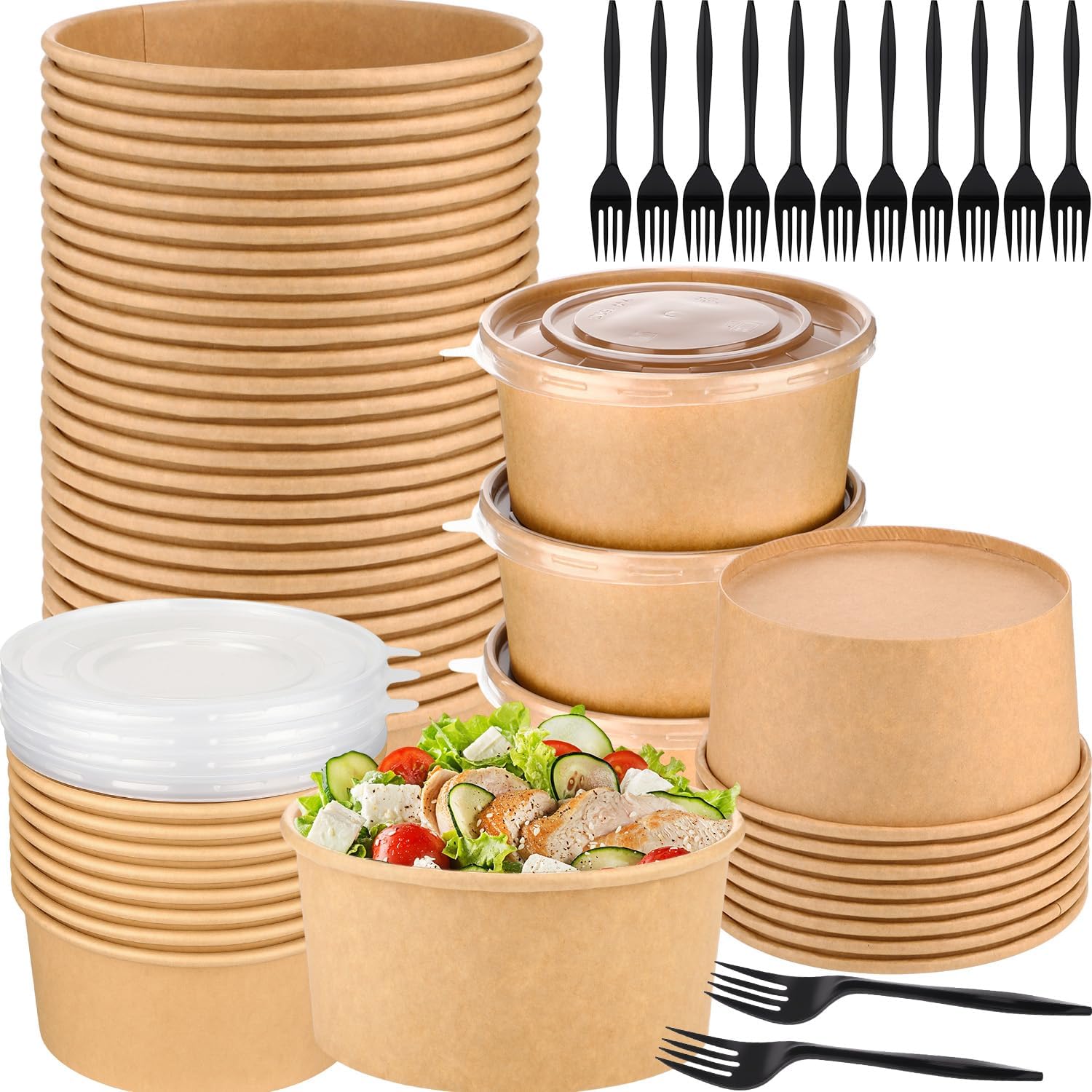 100 Pcs 32 oz Large Disposable Meal Prep Containers Bulk, Kraft Paper Bowls with Lids and Forks, Disposable Salad Bowls Lunch Containers for Soup, Hot/cold Food