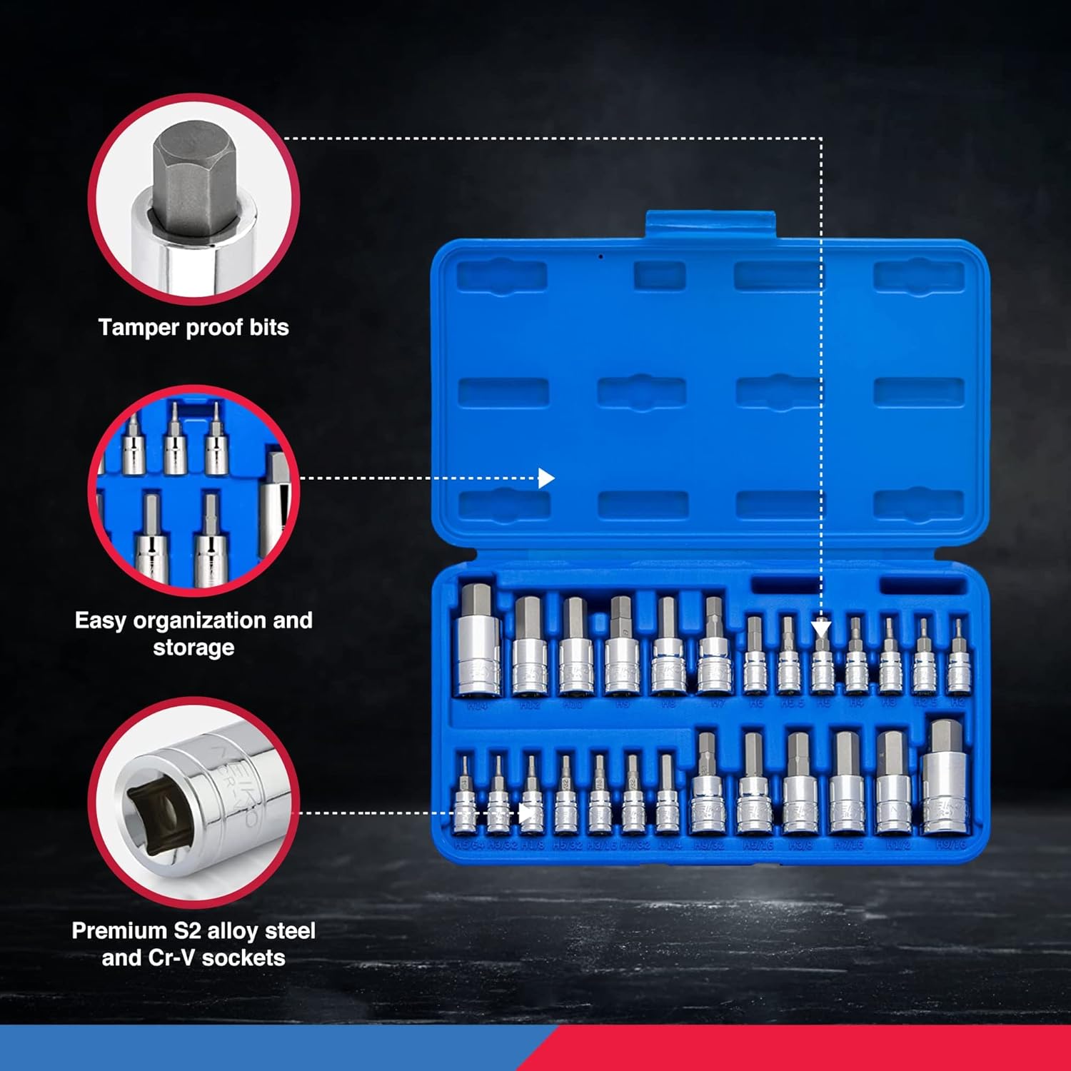 Neiko 01144A Tamper-Proof Hex Bit Socket Set, 26 Pieces | SAE (5/64-9/16”) and Metric (2-14MM)