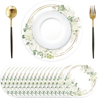 Tarklanda Paper Placemats Disposable 50 Pack White Floral Wedding Disposable Placemats 13.4 Inch Rose Floral Round Place Mats Spring Summer Table Mats for Birthday Wedding Bride Tea Party Supplies