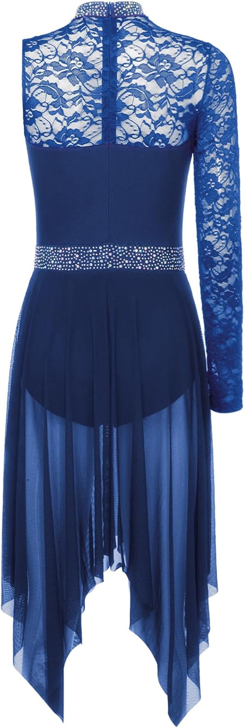 Women Lyrical Dance Costumes Contemporary Dancewear Floral Lace Single Long Sleeve Flowy Leotard Skirt