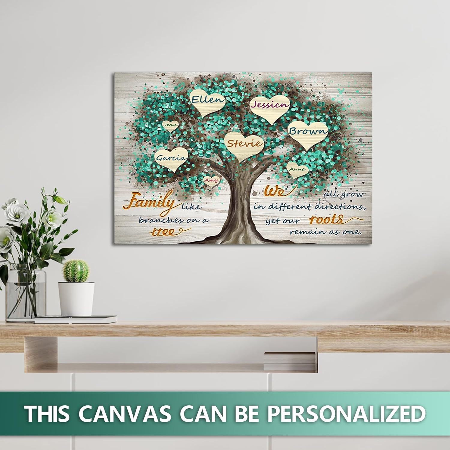 iLOOKLiKE Personalized Family Name Wall Art Decor Family Like Branches on a Tree Quote Custom Multi-Name Poster Prints on Canvas Sayings Pictures Painting for Home Gift Living Room Framed Green