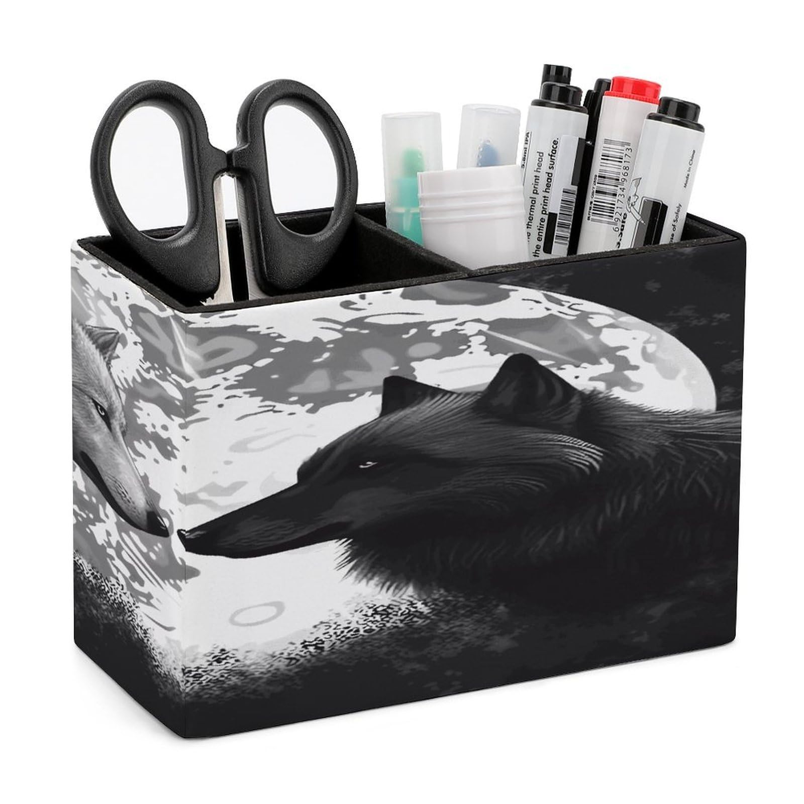 LDGSUPH Wolves Love Under The Moon Wild Animal Leather Pen Holder for Desk Organizer Caddy Large Pencil Cup Multi-function Pencil Holder Makeup Brush Holders Pen Organizer for Home Office Storage Box