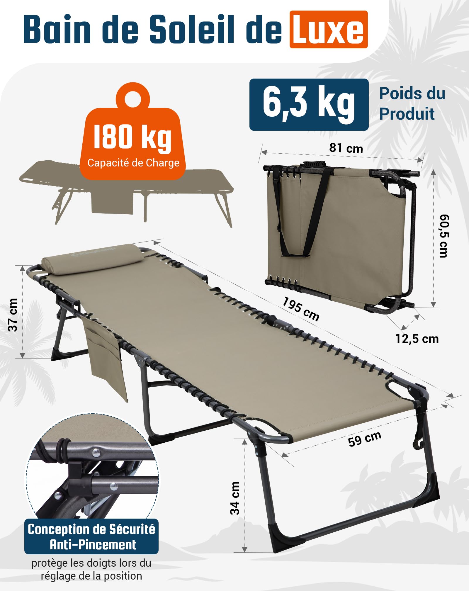 KingCamp Bain de Soleil Pliant 5 Positions Réglable Jusqu'à 180 kg, Beige | Chaise Longue Inclinable Pliable pour Jardin, Anti-Pincement Appuie-Tête Poche, Transat de Relaxation Pliant, Plage Camping