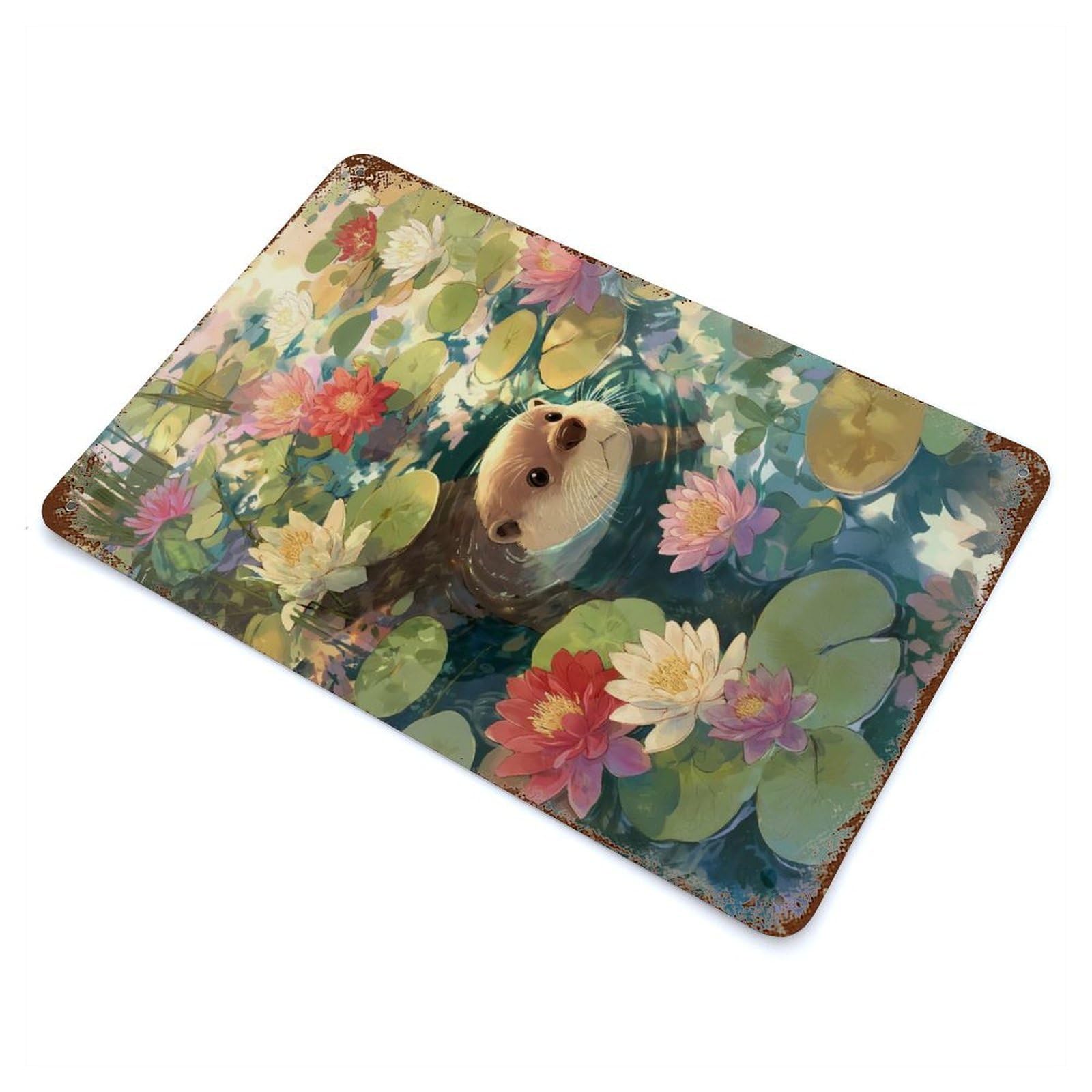 Otter in Lily Pond Vintage Metal Tin Sign 11.8"x7.9", Retro Wall Decor for Office, Studio And Wall Decor