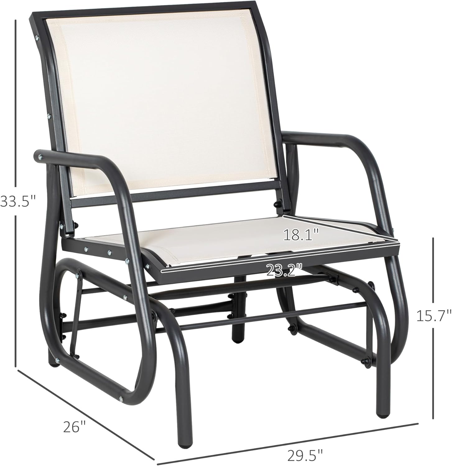 Porch Glider Metal Frame Swing Glider Chair with Breathable Mesh, Curved Armrests, Powder-Coated Steel Frame, 264 Lb Capacity for Patio, Garden, Poolside, Balcony Cream White
