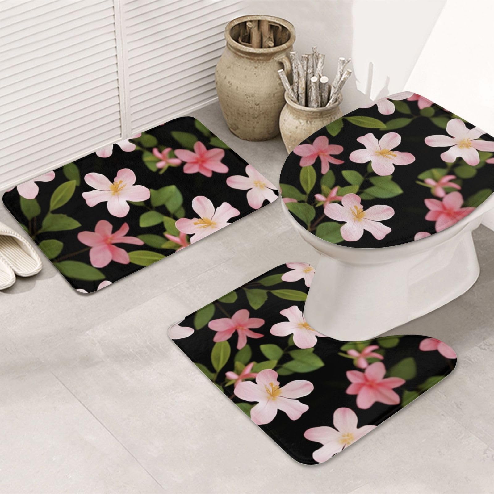 Tapis de bain absorbant fleurs de jasmin lot de 3 avec envers antidérapant