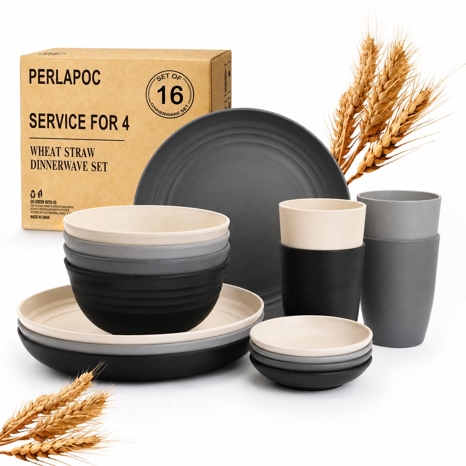Wheat Straw Dinnerware Sets 16 PCS - Unbreakable Kids Plates and Bowls Sets for 4,Dishwasher &amp; Microwave Safe Modern Lightweight Toddler Plates and Bowls Set for RV,Travel,Camping - Grey Stone