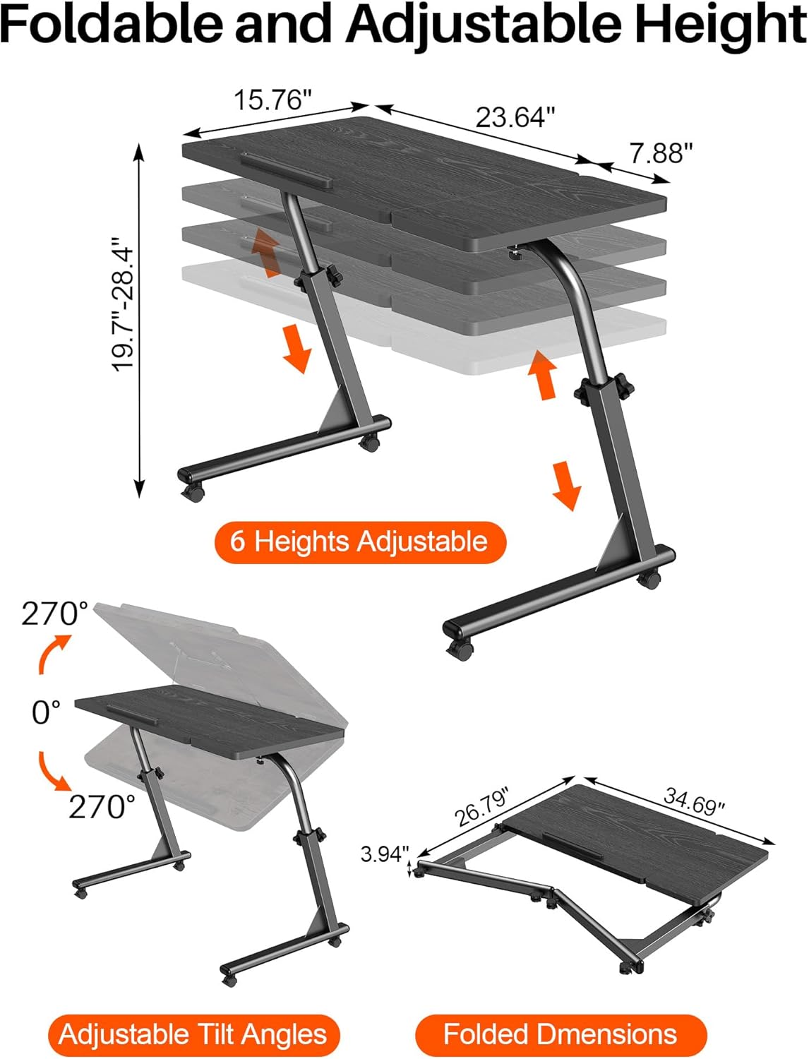 TV Tray Table, Mobile TV Dinner Trays for Eating on Couch, Folding Side Desk with Wheels, Tilt & Height Adjustable Snack Table Laptop Desk for Sofa Living Room Bedroom & Office (Black)