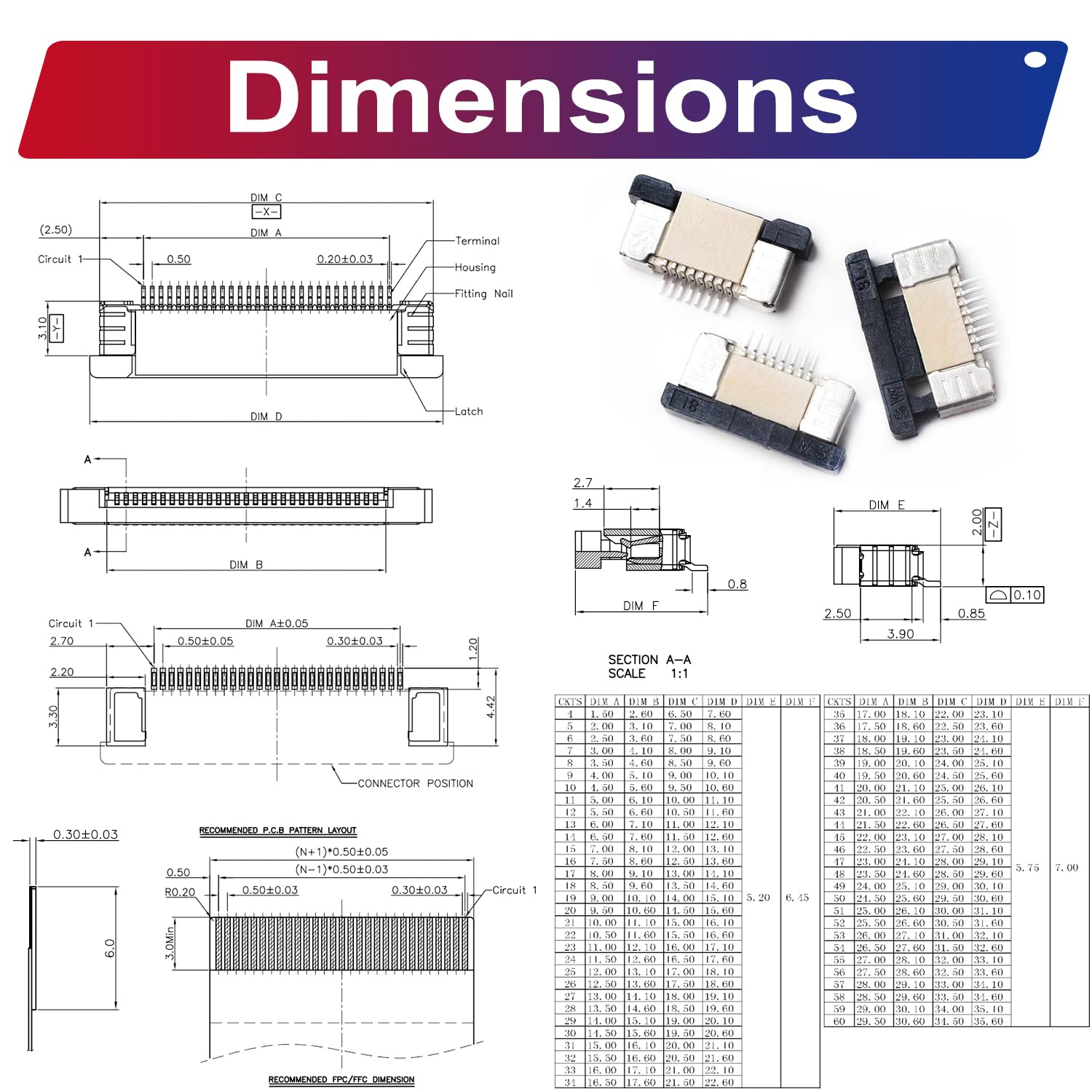 0.5mm FFC FPC Connector Ribbon Cable Connector Kit,Connector ffc-fpc 4P 6P 8P 10P 12P 14P 16P 20P 30P 40P,150mm Length Flexible Flat Cable A Type (SH-0.5-SS-A)
