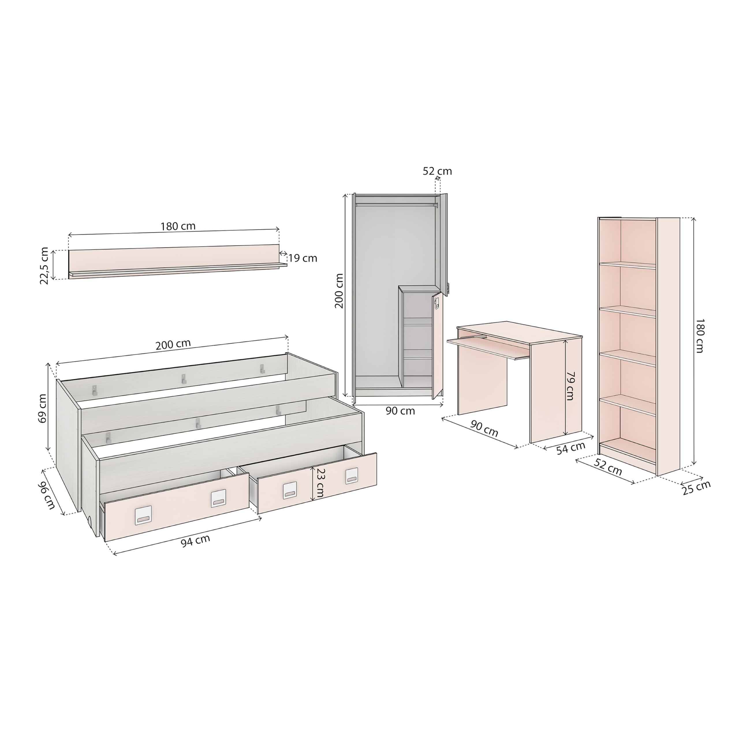 duehome | Pack de Dormitorio Juvenial con Cama Nido Juvenil, Armario, Escritorio y Estantería, Conjunto de Dormitorio Infantil, Modelo Kenia MAX, Acabado en Blanco Alpes, Rosa Pastel y Gris