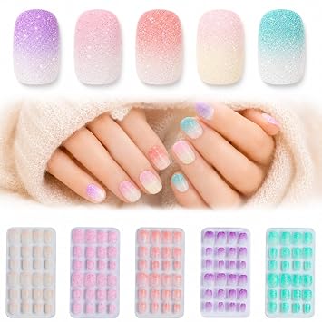 Glitter Press on Nails for Kids,120pcs Kids Stick on Nails for Girls,Sparkle Short Fake Nails for Girls 5 6 7 8 Years Old with Adhesive Backing & Replaced Sticky Gel Tabs
