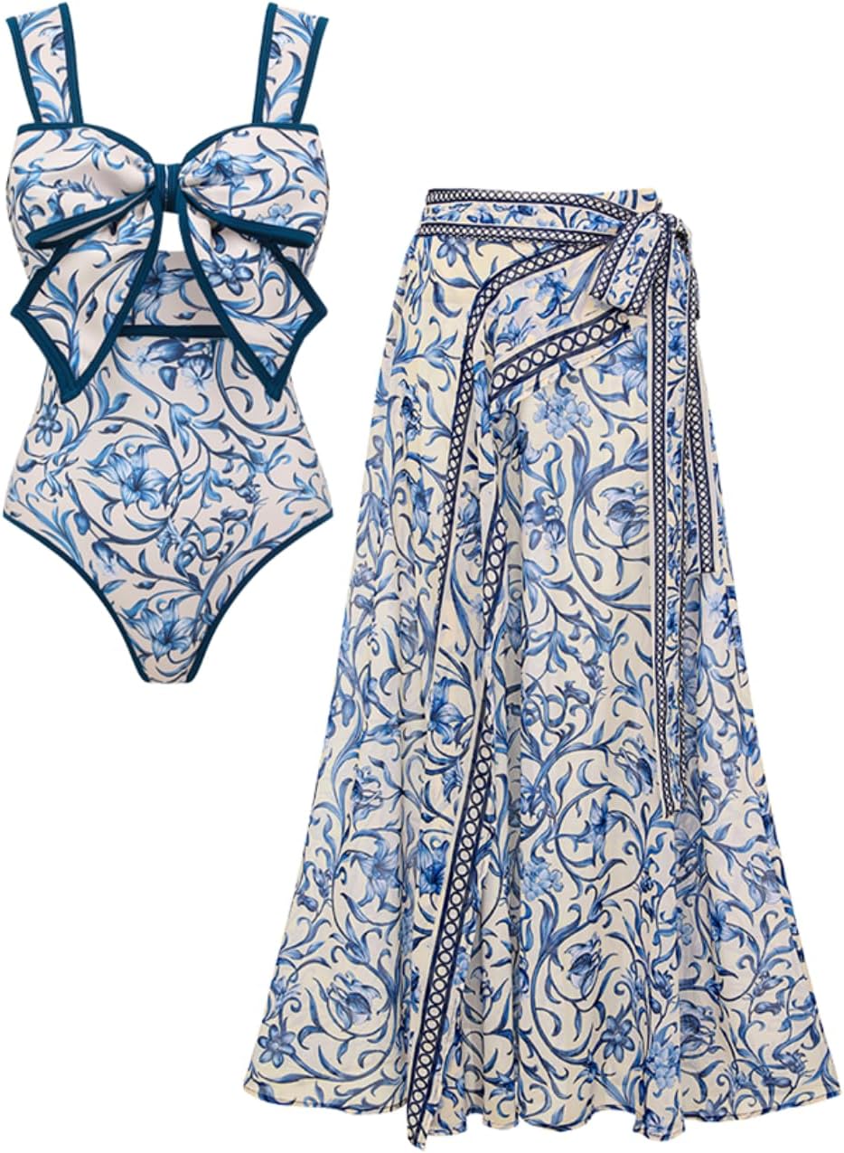 FLAXMAKER Black and White Swimsuit Bow-tie Decor Women's Polka dot Print Skirt One Piece Bathing Suit with Skirt