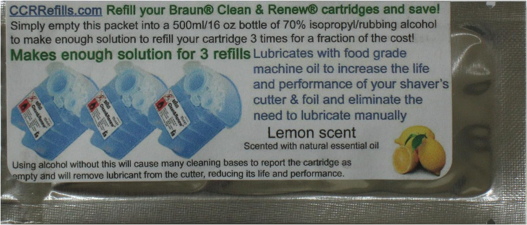 Refill Solution compatible with Braun® Clean & Renew® CCR3 Shaver Cartridges (Lemon, 25 Packet (75 refills))