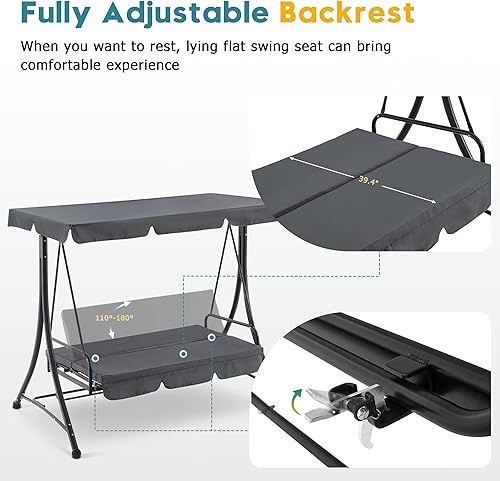 Miniatura 7 de Macrout 4089 - Columpios de patio de 3 asientos con marco de acero resistente a la intemperie, toldo ajustable, columpio reclinable para porche al